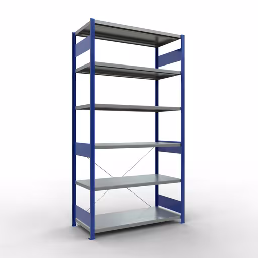 Grundregal, Fachbodenregal Stecksystem MULTIplus250, 2500 x 1300 x 600 mm (HxBxT), 6 Fachböden, Kreuzstrebe, RAL 5010 enzianblau/verzinkt aus der Kategorie Grundregal mit der Artikelnummer 12961-130-B