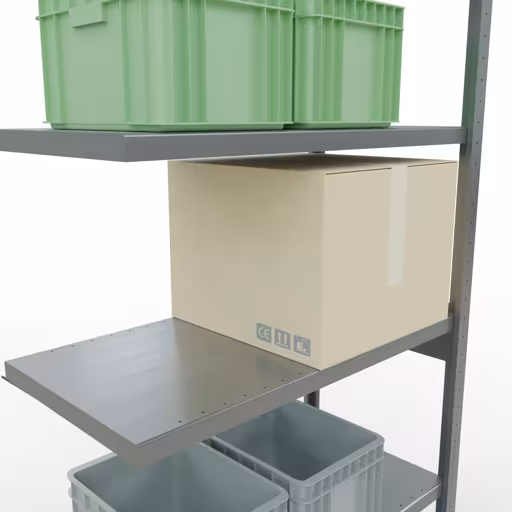 Andere Ansicht des Artikels Anbauregal, Fachbodenregal Stecksystem MULTIplus250, 2500 x 1000 x 500 mm (HxBxT), 6 Fachböden, Kreuzstrebe, verzinkt aus der Kategorie Stecksystem