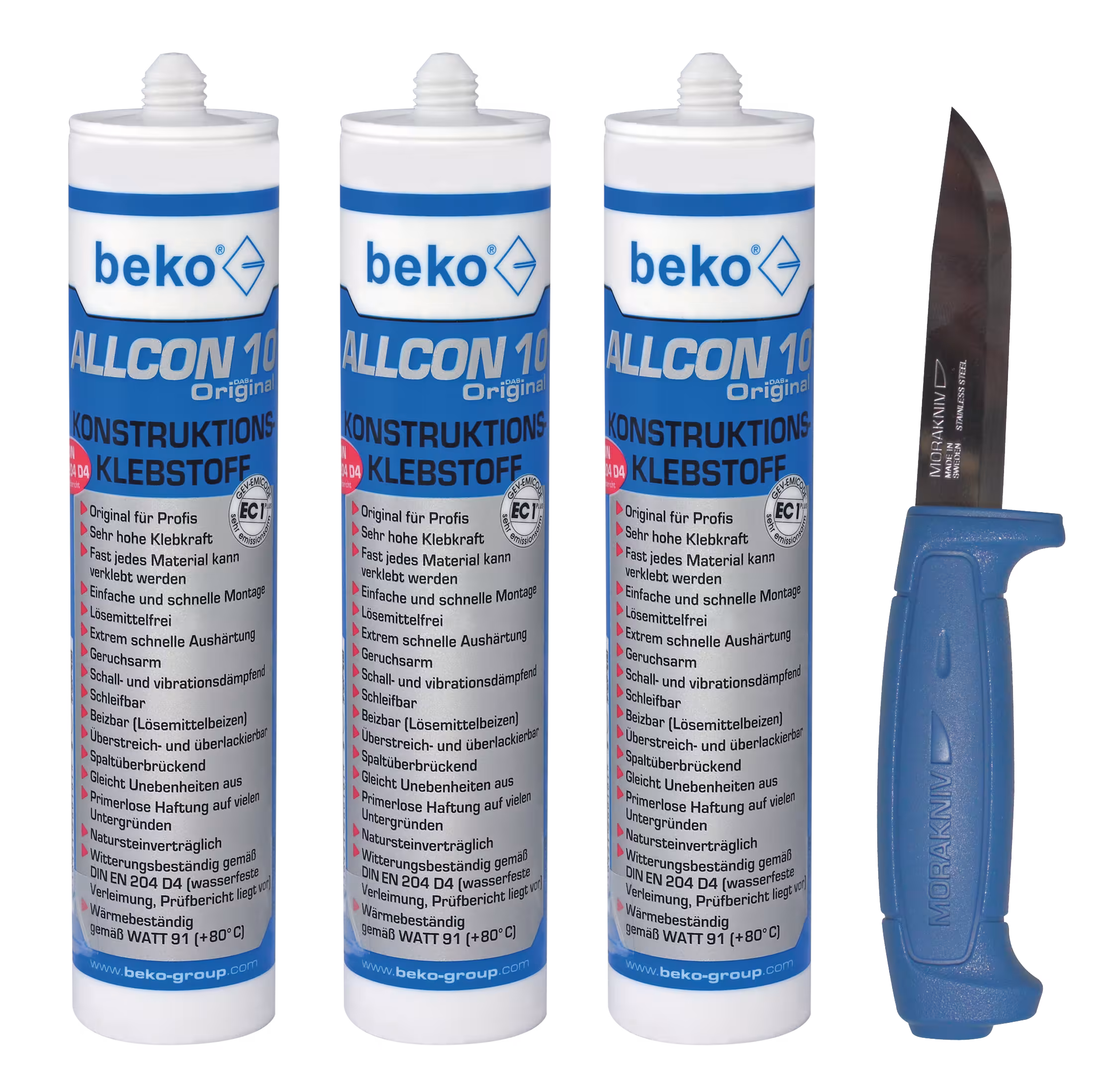 3 x Allcon 10® Konstruktionsklebstoff 310 ml, 1 x Schwedenmesser von Beko 3 x Allcon 10® Konstruktionsklebstoff 310 ml, 1 x Schwedenmesser aus der Kategorie Montagekleber mit der Artikelnr. 260 100 310 01