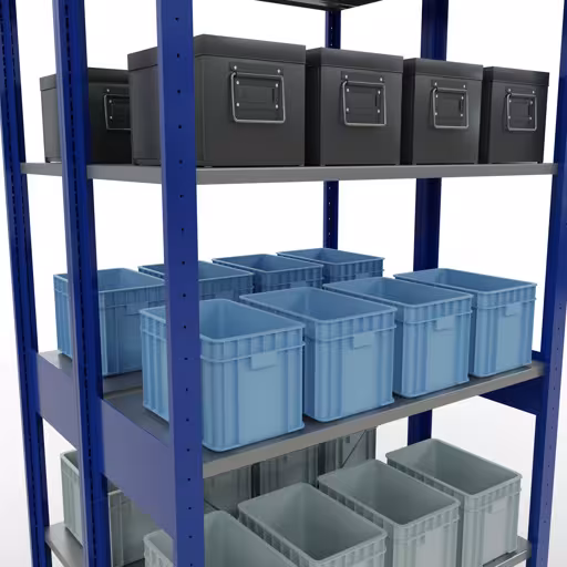 Zusatzbild des Artikels Grundregal, Doppelregal, Fachbodenregal Stecksystem MULTIplus150, 2500 x 1000 x (2x400) mm (HxBxT), 2x6 Fachböden, Kreuzstrebe, RAL 5010 enzianblau aus Doppelregale