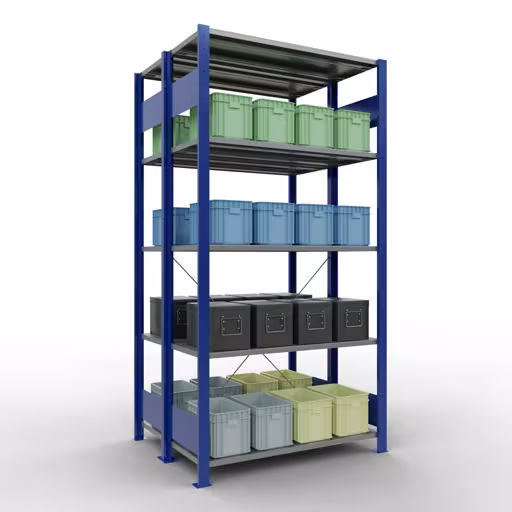 Grundregal, Doppelregal, Fachbodenregal Stecksystem MULTIplus150, 2000 x 1000 x (2x400) mm (HxBxT), 2x5 Fachböden, Kreuzstrebe, RAL 5010 enzianblau von Schulte Lagertechnik aus der Kategorie Fachbodenregale