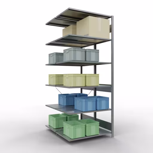 Anbauregal, Doppelregal, Fachbodenregal Stecksystem MULTIplus150, 2500 x 1000 x (2x600) mm (HxBxT), 2x6 Fachböden, Kreuzstrebe, verzinkt von Schulte Lagertechnik mit der Artikelnr. 13766