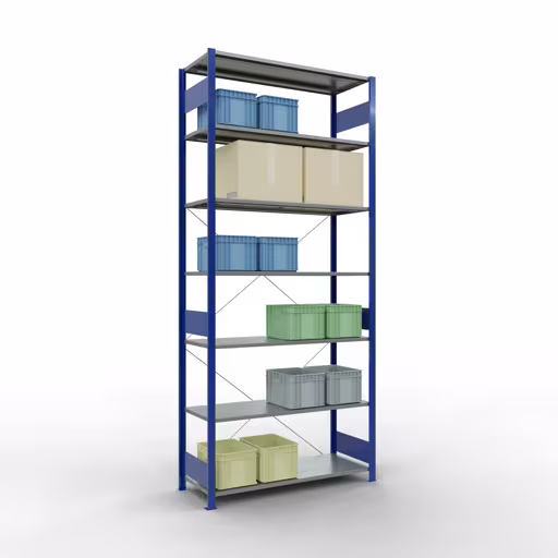 Grundregal, Fachbodenregal Stecksystem MULTIplus150, 3000 x 1300 x 500 mm (HxBxT), 7 Fachböden, Kreuzstrebe, RAL 5010 enzianblau/verzinkt von Schulte Lagertechnik mit der Artikelnr. 12752-130-B