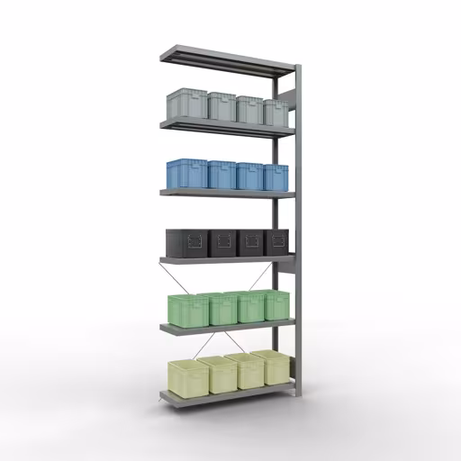 Abbildung Nr 13 des Artikels Anbauregal, Fachbodenregal Stecksystem MULTIplus330, 2500 x 1000 x 300 mm (HxBxT), 6 Fachböden, Kreuzstrebe, verzinkt aus der Produktgruppe Stecksystem von der Marke Schulte Lagertechnik