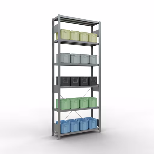 Produktbild Nr.6 des Artikels Grundregal, Fachbodenregal Stecksystem MULTIplus250, 2500 x 1000 x 300 mm (HxBxT), 6 Fachböden, Kreuzstrebe, verzinkt aus der Produktreihe Stecksystem von der Marke Schulte Lagertechnik