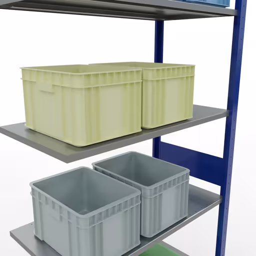 Zusatzbild des Artikels Anbauregal, Fachbodenregal Stecksystem MULTIplus150, 3000 x 1000 x 500 mm (HxBxT), 7 Fachböden, Längenriegel, RAL 5010 enzianblau/verzinkt aus Anbauregal
