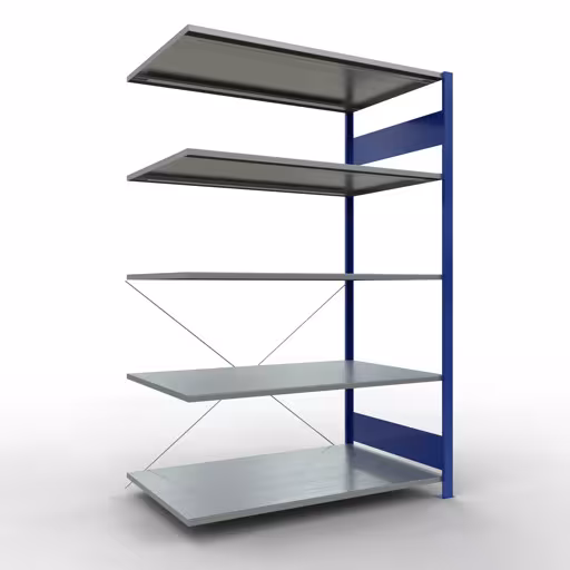Anbauregal, Fachbodenregal Stecksystem MULTIplus150, 2000 x 1300 x 800 mm (HxBxT), 5 Fachböden, Kreuzstrebe, RAL 5010 enzianblau/verzinkt aus der Kategorie Anbauregal mit der Artikelnummer 12785-130-B