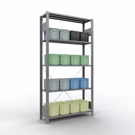 Abbildung Nr 14 des Artikels Grundregal, Fachbodenregal Stecksystem MULTIplus150, 2000 x 1000 x 300 mm (HxBxT), 5 Fachböden, Kreuzstrebe, verzinkt aus der Produktgruppe Stecksystem von der Marke Schulte Lagertechnik