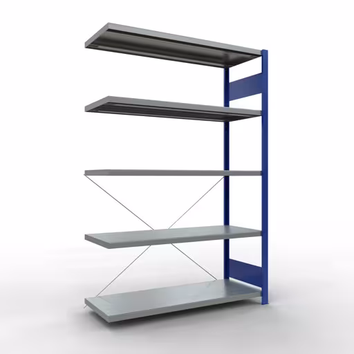Anbauregal, Fachbodenregal Stecksystem MULTIplus250, 2000 x 1300 x 500 mm (HxBxT), 5 Fachböden, Kreuzstrebe, RAL 5010 enzianblau/verzinkt aus der Kategorie Anbauregal mit der Artikelnummer 12955-130-B