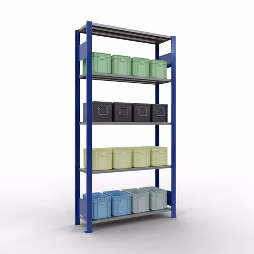 Andere Ansicht des Artikels Grundregal, Fachbodenregal Stecksystem MULTIplus150, 2000 x 1000 x 300 mm (HxBxT), 5 Fachböden, Längenriegel, RAL 5010 enzianblau/verzinkt aus der Kategorie Grundregal
