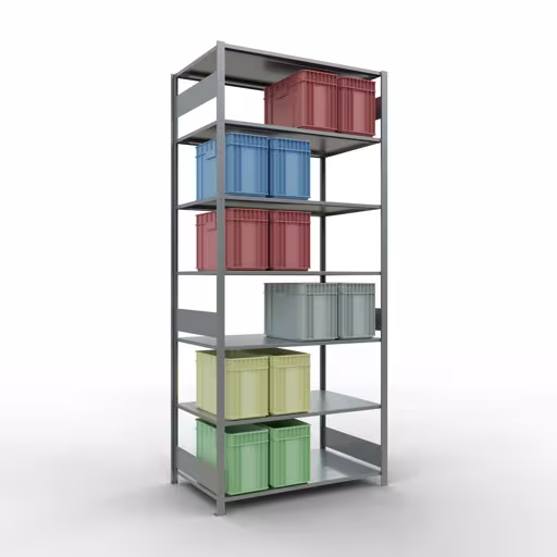 Grundregal, Fachbodenregal Stecksystem MULTIplus150, 3000 x 1300 x 800 mm (HxBxT), 7 Fachböden, Längenriegel, verzinkt mit der GTIN 4004514281401 Grundregal, Fachbodenregal Stecksystem MULTIplus150, 3000 x 1300 x 800 mm (HxBxT), 7 Fachböden, Längenriegel, verzinkt von Schulte Lagertechnik mit der Artikelnr. 12782-130-LR