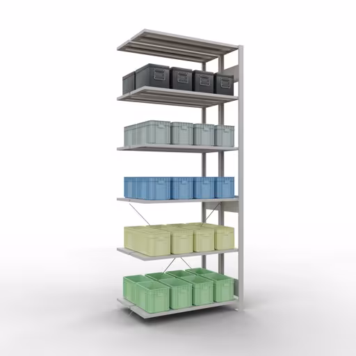 Abbildung Nr 8 des Artikels Anbauregal, Doppelregal, Fachbodenregal Stecksystem MULTIplus150, 2500 x 1000 x (2x300) mm (HxBxT), 2x6 Fachböden, Kreuzstrebe, RAL 7035 lichtgrau aus der Produktgruppe Fachbodenregale von der Marke Schulte Lagertechnik