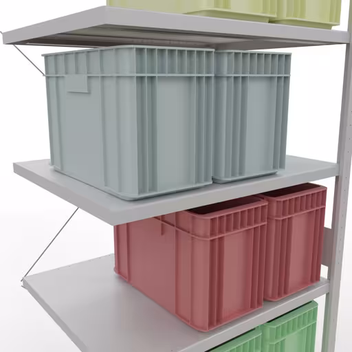 Abbildung Nr 10 des Artikels Anbauregal, Fachbodenregal Stecksystem MULTIplus330, 3000 x 1000 x 800 mm (HxBxT), 7 Fachböden, Kreuzstrebe, RAL 7035 lichtgrau aus der Produktgruppe Stecksystem von der Marke Schulte Lagertechnik