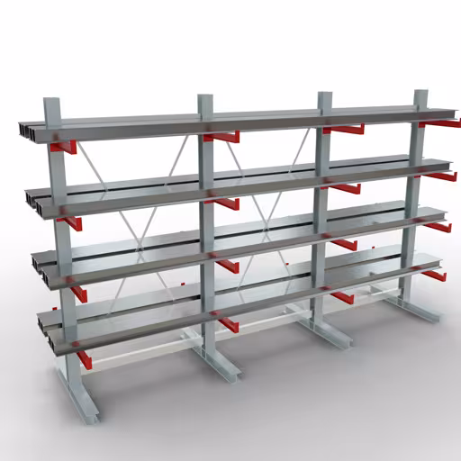 Abbildung Nr 9 des Artikels K 3000 Komplettregal, doppelseitig, 2500 x 3900 x 500 mm, RAL 7001 / RAL 3000, 5 Lagerebenen aus der Produktgruppe Kragarmregale von der Marke Schulte Lagertechnik