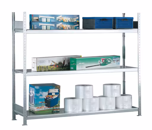 Abbildung Nr 8 des Artikels Grundregal, Weitspannregal WS 2000 mit Stahlböden, 2000 x 2500 x 400 mm (HxBxT), verzinkt, 3 Ebenen, Fachlast 400 kg, Feldlast 1.200 kg aus der Produktgruppe Weitspannregale von der Marke Schulte Lagertechnik