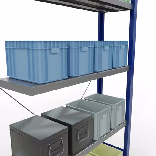 Anbauregal, Fachbodenregal Stecksystem MULTIplus250, 2000 x 1000 x 300 mm (HxBxT), 5 Fachböden, Kreuzstrebe, RAL 5010 enzianblau/verzinkt von der Marke Schulte Lagertechnik aus der Produktreihe Stecksystem