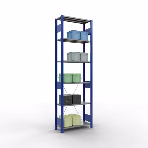 Grundregal, Fachbodenregal Stecksystem MULTIplus150, 2500 x 750 x 300 mm (HxBxT), 6 Fachböden, Kreuzstrebe, RAL 5010 enzianblau/verzinkt/verzinkt von der Marke Schulte Lagertechnik aus der Produktreihe Stecksystem