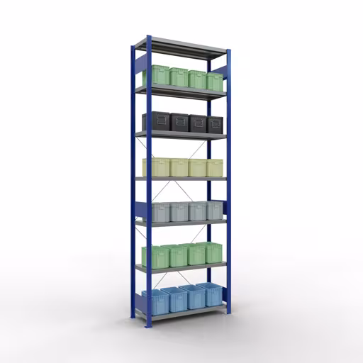 Abbildung Nr 15 des Artikels Grundregal, Fachbodenregal Stecksystem MULTIplus330, 3000 x 1000 x 400 mm (HxBxT), 7 Fachböden, Kreuzstrebe, RAL 5010 enzianblau/verzinkt aus der Produktgruppe Stecksystem von der Marke Schulte Lagertechnik