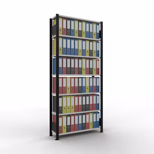 Grundregal, Büro-Fachbodenregal Stecksystem MULTIplus85, 2300 x 1000 x 300 mm (HxBxT), 7 Fachböden, Kreuzstrebe, ohne Anschlagleiste, schwarz/lichtgrau aus der Kategorie Stecksystem mit der GTIN 4004514237439 Grundregal, Büro-Fachbodenregal Stecksystem MULTIplus85, 2300 x 1000 x 300 mm (HxBxT), 7 Fachböden, Kreuzstrebe, ohne Anschlagleiste, schwarz/lichtgrau von der Marke Schulte Lagertechnik aus der Produktreihe Büroregale