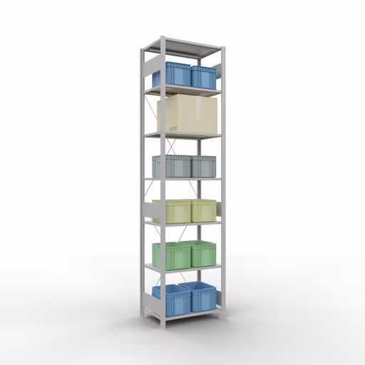 Zusatzbild des Artikels Grundregal, Fachbodenregal Stecksystem MULTIplus150, 3000 x 750 x 500 mm (HxBxT), 7 Fachböden, Kreuzstrebe, RAL 7035 lichtgrau aus Grundregal