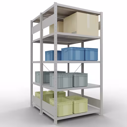 Andere Ansicht des Artikels Grundregal, Doppelregal, Fachbodenregal Stecksystem MULTIplus250, 2000 x 1000 x (2x600) mm (HxBxT), 2x5 Fachböden, Kreuzstrebe, RAL 7035 lichtgrau aus der Kategorie Fachbodenregale
