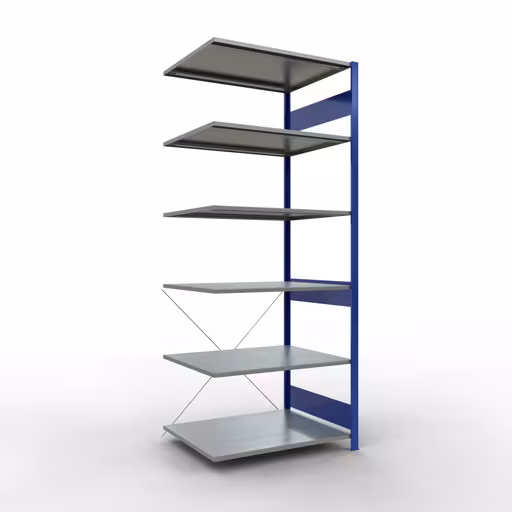 Anbauregal, Fachbodenregal Stecksystem MULTIplus150, 2500 x 1000 x 800 mm (HxBxT), 6 Fachböden, Kreuzstrebe, RAL 5010/verzinkt aus der Kategorie Anbauregal mit der Artikelnummer 12586-B