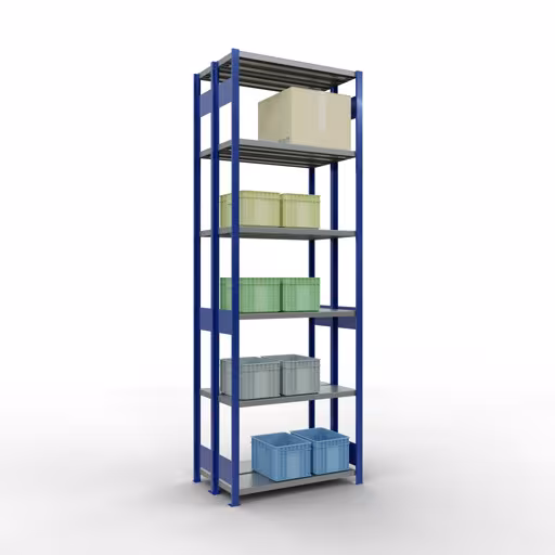 Produktbild Nr.13 des Artikels Grundregal, Doppelregal, Fachbodenregal Stecksystem MULTIplus250, 3000 x 1000 x (2x300) mm (HxBxT), 2x7 Fachböden, Längenriegel, RAL 5010 enzianblau aus der Produktreihe Fachbodenregale von der Marke Schulte Lagertechnik