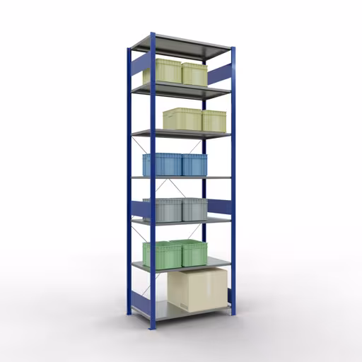 Grundregal, Fachbodenregal Stecksystem MULTIplus85, 3000 x 1000 x 600 mm (HxBxT), 7 Fachböden, Kreuzstrebe, RAL 5010 enzianblau von Schulte Lagertechnik mit der Artikelnr. 13162-B