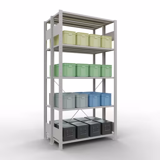 Abbildung Nr 16 des Artikels Grundregal, Doppelregal, Fachbodenregal Stecksystem MULTIplus150, 2000 x 1000 x (2x300) mm (HxBxT), 2x5 Fachböden, Kreuzstrebe, RAL 7035 lichtgrau aus der Produktgruppe Fachbodenregale von der Marke Schulte Lagertechnik