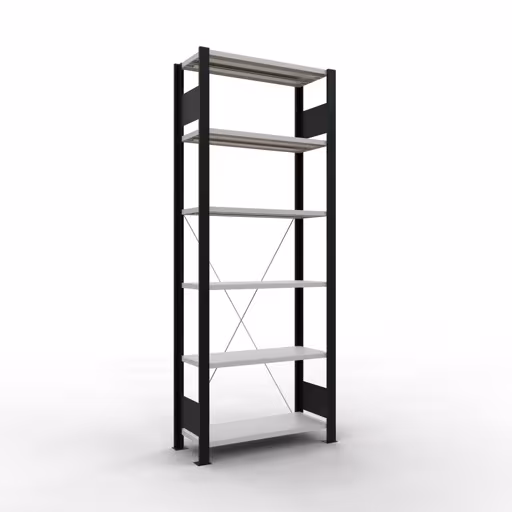 Grundregal, Büro-Fachbodenregal Stecksystem MULTIplus85, 2000 x 750 x 300 mm (HxBxT), 6 Fachböden, Kreuzstrebe, ohne Anschlagleiste, schwarz/lichtgrau von der Marke Schulte Lagertechnik Grundregal, Büro-Fachbodenregal Stecksystem MULTIplus85, 2000 x 750 x 300 mm (HxBxT), 6 Fachböden, Kreuzstrebe, ohne Anschlagleiste, schwarz/lichtgrau aus der Kategorie Stecksystem mit der Artikelnummer 36024-S