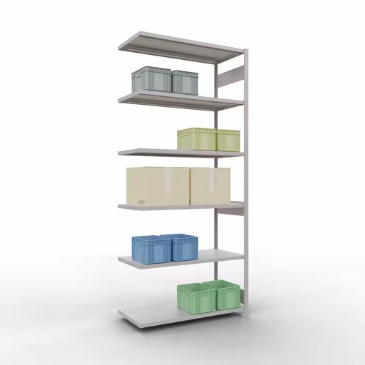 Abbildung Nr 15 des Artikels Anbauregal, Fachbodenregal Stecksystem MULTIplus250, 3000 x 1300 x 600 mm (HxBxT), 7 Fachböden, Längenriegel, RAL 7035 lichtgrau aus der Produktgruppe Stecksystem von der Marke Schulte Lagertechnik