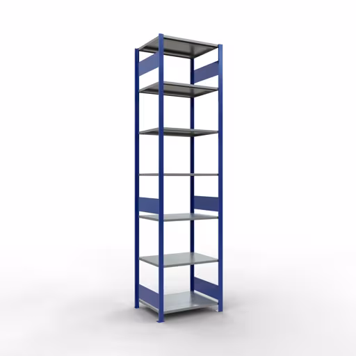 Grundregal, Fachbodenregal Stecksystem MULTIplus150, 3000 x 750 x 600 mm (HxBxT), 7 Fachböden, Längenriegel, RAL 5010 enzianblau/verzinkt/verzinkt aus der Kategorie Grundregal mit der Artikelnummer 12762-75-LR-B