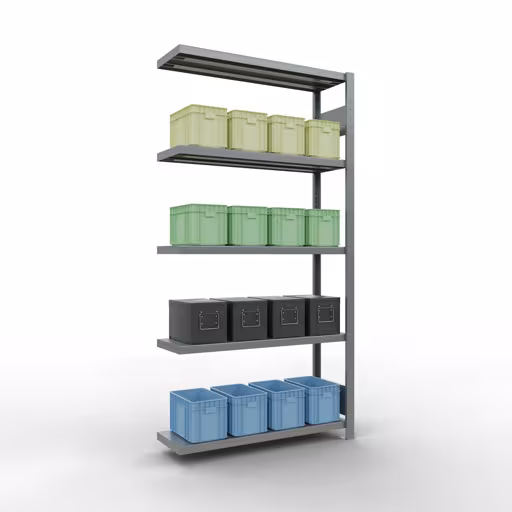 Anbauregal, Fachbodenregal Stecksystem MULTIplus250, 2000 x 1000 x 300 mm (HxBxT), 5 Fachböden, Längenriegel, verzinkt mit der GTIN 4004514282279 Anbauregal, Fachbodenregal Stecksystem MULTIplus250, 2000 x 1000 x 300 mm (HxBxT), 5 Fachböden, Längenriegel, verzinkt von Schulte Lagertechnik mit der Artikelnr. 12935-LR