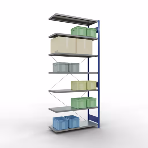Produktbild Nr 15 des Artikels Anbauregal, Fachbodenregal Stecksystem MULTIplus250, 3000 x 1300 x 500 mm (HxBxT), 7 Fachböden, Kreuzstrebe, RAL 5010 enzianblau/verzinkt Abbildung Nr 15 des Artikels Anbauregal, Fachbodenregal Stecksystem MULTIplus250, 3000 x 1300 x 500 mm (HxBxT), 7 Fachböden, Kreuzstrebe, RAL 5010 enzianblau/verzinkt aus der Produktgruppe Stecksystem von der Marke Schulte Lagertechnik