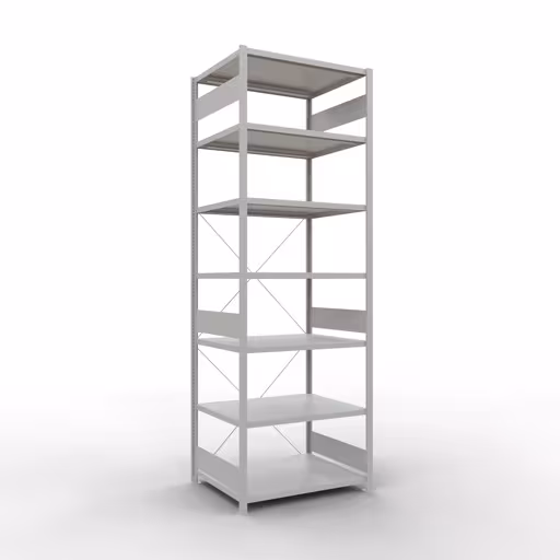 Grundregal, Fachbodenregal Stecksystem MULTIplus250, 3000 x 1000 x 800 mm (HxBxT), 7 Fachböden, Kreuzstrebe, RAL 7035 lichtgrau aus der Kategorie Grundregal mit der Artikelnummer 32882