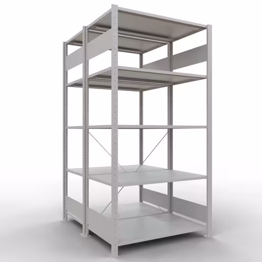 Grundregal, Doppelregal, Fachbodenregal Stecksystem MULTIplus150, 2000 x 1000 x (2x600) mm (HxBxT), 2x5 Fachböden, Kreuzstrebe, RAL 7035 lichtgrau aus der Kategorie Doppelregale mit der Artikelnummer 32760