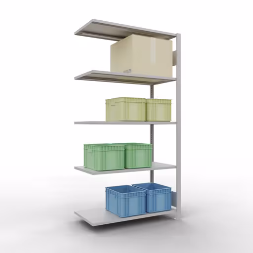 Abbildung Nr 12 des Artikels Anbauregal, Fachbodenregal Stecksystem MULTIplus85, 2000 x 1000 x 500 mm (HxBxT), 5 Fachböden, Längenriegel, RAL 7035 lichtgrau aus der Produktgruppe Stecksystem von der Marke Schulte Lagertechnik