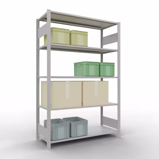 Grundregal, Fachbodenregal Stecksystem MULTIplus150, 2000 x 1300 x 500 mm (HxBxT), 5 Fachböden, Längenriegel, RAL 7035 lichtgrau mit der GTIN 4004514292971 Grundregal, Fachbodenregal Stecksystem MULTIplus150, 2000 x 1300 x 500 mm (HxBxT), 5 Fachböden, Längenriegel, RAL 7035 lichtgrau von Schulte Lagertechnik mit der Artikelnr. 32650-130-LR