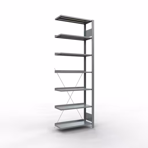 Abbildung Nr 13 des Artikels Anbauregal, Büro-Fachbodenregal Stecksystem MULTIplus85, 2300 x 750 x 300 mm (HxBxT), 7 Fachböden, Kreuzstrebe, verzinkt, mit Anschlagleiste aus der Produktgruppe Büroregale von der Marke Schulte Lagertechnik