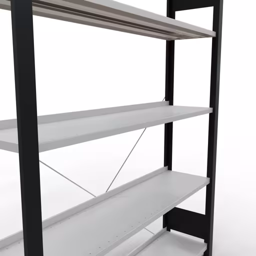 Produktbild Nr 13 des Artikels Grundregal, Büro-Fachbodenregal Stecksystem MULTIplus85, 1800 x 1300 x 300 mm (HxBxT), 5 Fachböden, Kreuzstrebe, mit Anschlagleiste, schwarz/lichtgrau Abbildung Nr 13 des Artikels Grundregal, Büro-Fachbodenregal Stecksystem MULTIplus85, 1800 x 1300 x 300 mm (HxBxT), 5 Fachböden, Kreuzstrebe, mit Anschlagleiste, schwarz/lichtgrau aus der Produktgruppe Büroregale von der Marke Schulte Lagertechnik