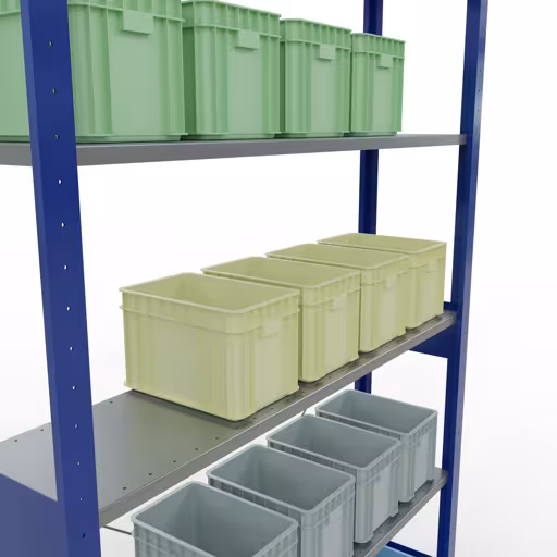 Produktbild Nr.15 des Artikels Grundregal, Fachbodenregal Stecksystem MULTIplus150, 2500 x 1300 x 300 mm (HxBxT), 6 Fachböden, Kreuzstrebe, RAL 5010 enzianblau/verzinkt aus der Produktreihe Stecksystem von der Marke Schulte Lagertechnik
