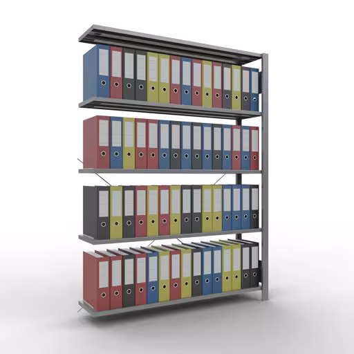 Anbauregal, Büro-Fachbodenregal Stecksystem MULTIplus85, 1800 x 1300 x 300 mm (HxBxT), 5 Fachböden, Kreuzstrebe, verzinkt, ohne Anschlagleiste von der Marke Schulte Lagertechnik aus der Produktreihe Büroregale