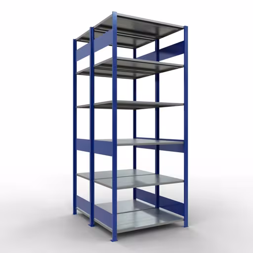 Grundregal, Doppelregal, Fachbodenregal Stecksystem MULTIplus150, 2500 x 1000 x (2x600) mm (HxBxT), 2x6 Fachböden, Längenriegel, RAL 5010 enzianblau aus der Kategorie Doppelregale mit der Artikelnummer 33161-B