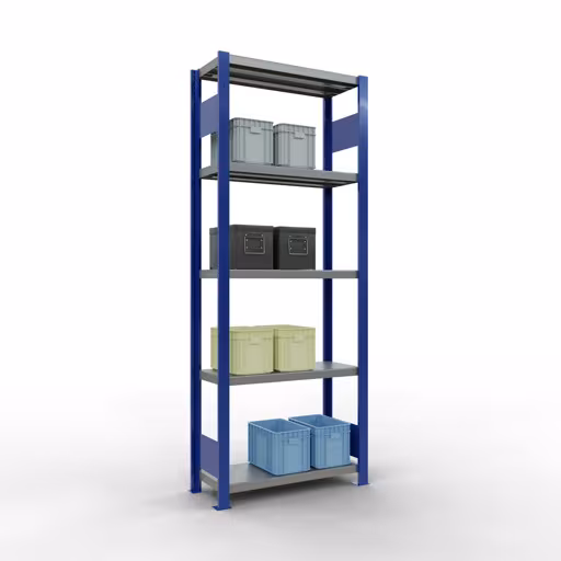 Grundregal, Fachbodenregal Stecksystem MULTIplus250, 2000 x 750 x 300 mm (HxBxT), 5 Fachböden, Längenriegel, RAL 5010 enzianblau/verzinkt/verzinkt von der Marke Schulte Lagertechnik aus der Produktreihe Stecksystem