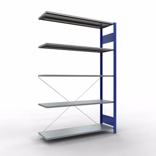 Anbauregal, Fachbodenregal Stecksystem MULTIplus150, 2000 x 1300 x 400 mm (HxBxT), 5 Fachböden, Kreuzstrebe, RAL 5010 enzianblau/verzinkt aus der Kategorie Anbauregal mit der Artikelnummer 12745-130-B