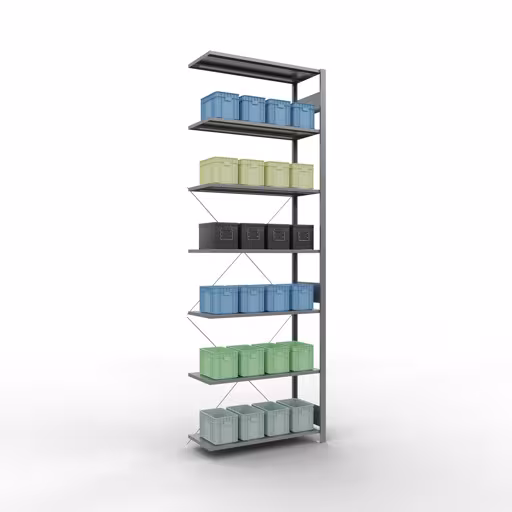 Abbildung Nr 13 des Artikels Anbauregal, Fachbodenregal Stecksystem MULTIplus150, 3000 x 1000 x 400 mm (HxBxT), 7 Fachböden, Kreuzstrebe, verzinkt aus der Produktgruppe Stecksystem von der Marke Schulte Lagertechnik