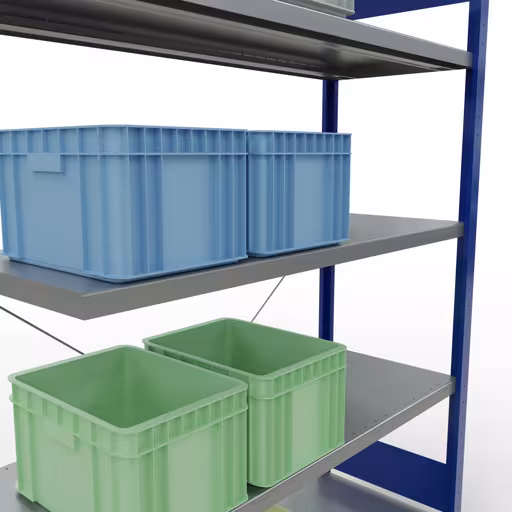 Abbildung Nr 12 des Artikels Anbauregal, Fachbodenregal Stecksystem MULTIplus250, 2000 x 1300 x 500 mm (HxBxT), 5 Fachböden, Kreuzstrebe, RAL 5010 enzianblau/verzinkt aus der Produktgruppe Stecksystem von der Marke Schulte Lagertechnik