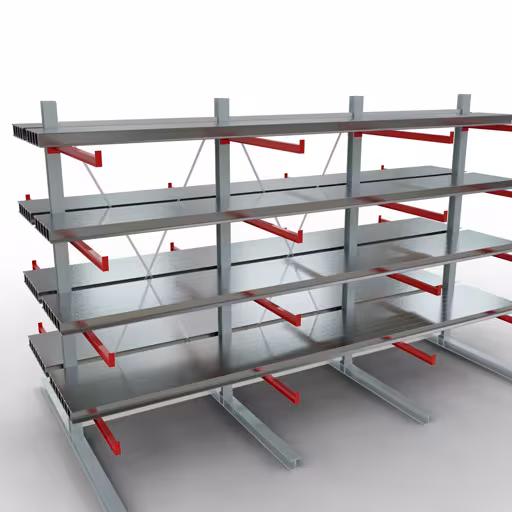 K 6000 Komplettregal, doppelseitig, 3000 x 4500 x 2x 1250 mm, RAL 7001 / RAL 3000, 5 Lagerebenen aus der Kategorie K6000 für schwere Güter mit der GTIN 4058255011322 K 6000 Komplettregal, doppelseitig, 3000 x 4500 x 2x 1250 mm, RAL 7001 / RAL 3000, 5 Lagerebenen von der Marke Schulte Lagertechnik aus der Produktreihe Kragarmregale