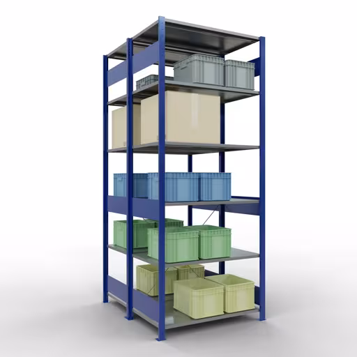 Produktbild Nr.6 des Artikels Grundregal, Doppelregal, Fachbodenregal Stecksystem MULTIplus150, 2500 x 1000 x (2x600) mm (HxBxT), 2x6 Fachböden, Kreuzstrebe, RAL 5010 enzianblau aus der Produktreihe Fachbodenregale von der Marke Schulte Lagertechnik