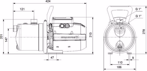 Technische Zeichnung 4005299 GRUNDFOS Gartenpumpe JP 4-54 1x230V 50Hz 1,5m SCHUKO HU